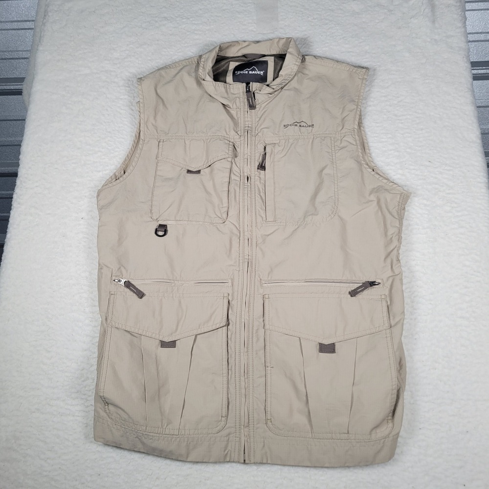 Eddie Bauer Utility Vest Mens TXL Beige Ripstop Multi-Pocket Gorpcore Fishing - Picture 2 of 9